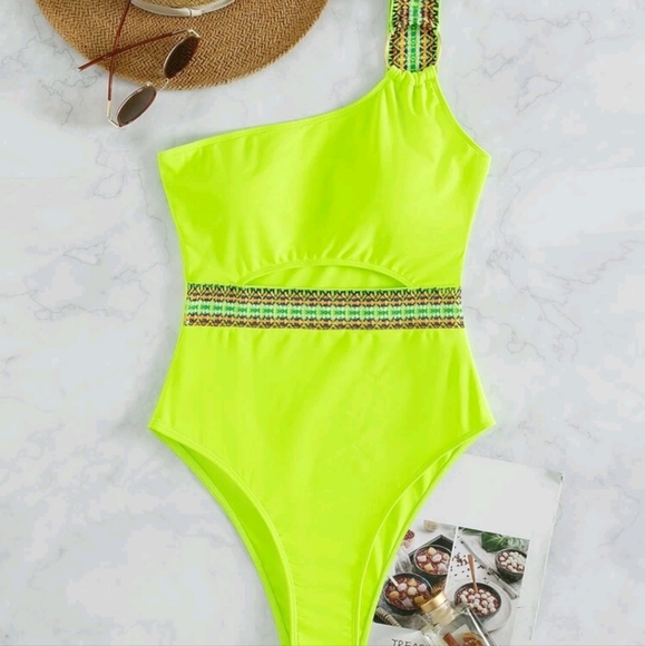 Neon lime green one shoulder ring cut out contrast panel one piece swimsuit. - Picture 2 of 6